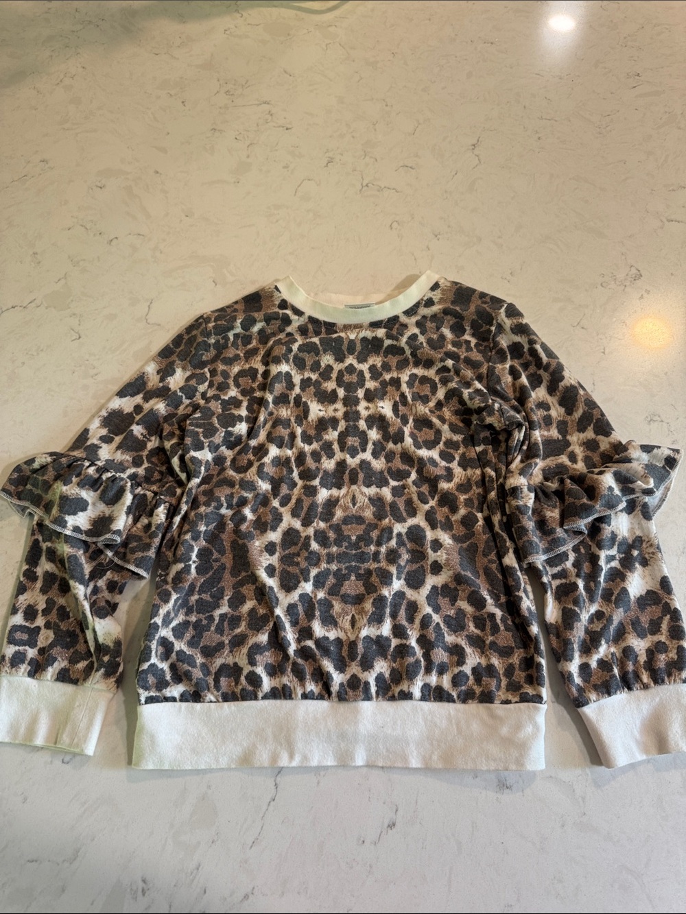Leopard Print Ruffle Sleeve Sweatshirt - Neutral Tones